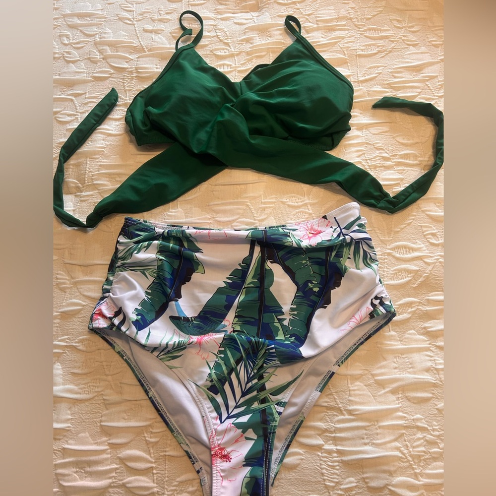 Green Bikini Top and Tropical Print Bottoms